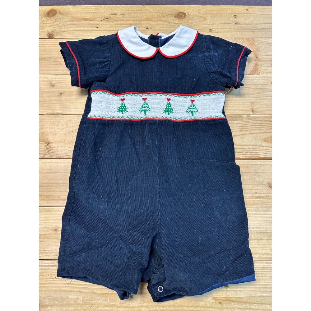 Bella Bliss Navy Corduroy Smocked Christmas Tree Holiday Romper 24m‎